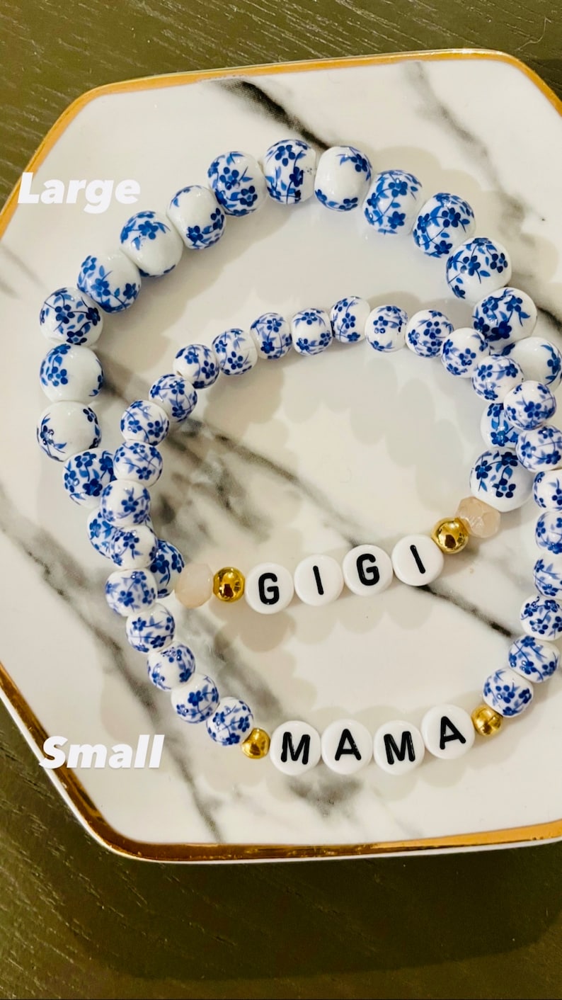 Blue Floral Beaded Bracelet, Custom Word Beaded Bracelets