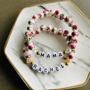 Pink Floral Beaded Bracelet, Custom Word Beaded Bracelets