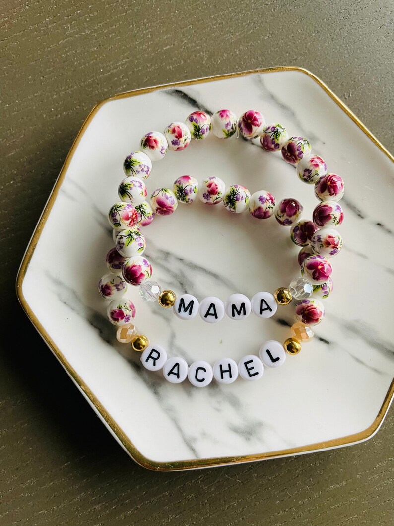 Pink Floral Beaded Bracelet, Custom Word Beaded Bracelets
