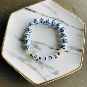Blue Floral Beaded Bracelet, Custom Word Beaded Bracelets