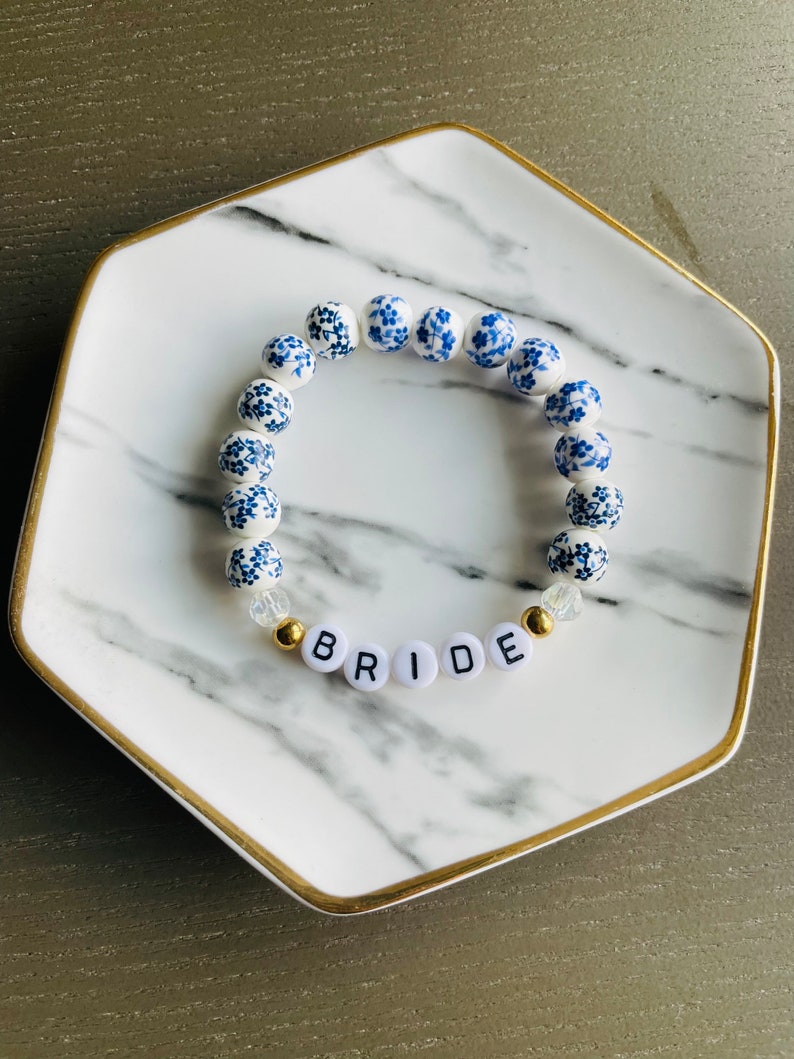 Blue Floral Beaded Bracelet, Custom Word Beaded Bracelets