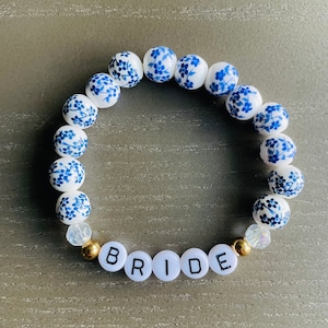 Blue Floral Beaded Bracelet, Custom Word Beaded Bracelets