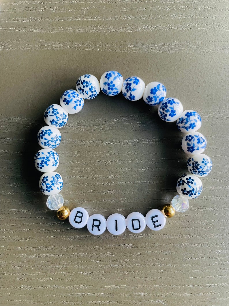 Blue Floral Beaded Bracelet, Custom Word Beaded Bracelets