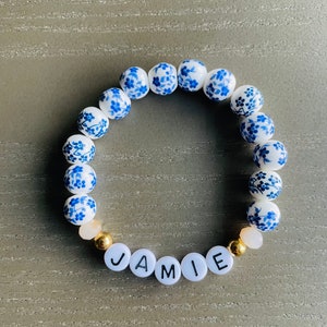 Blue Floral Beaded Bracelet, Custom Word Beaded Bracelets