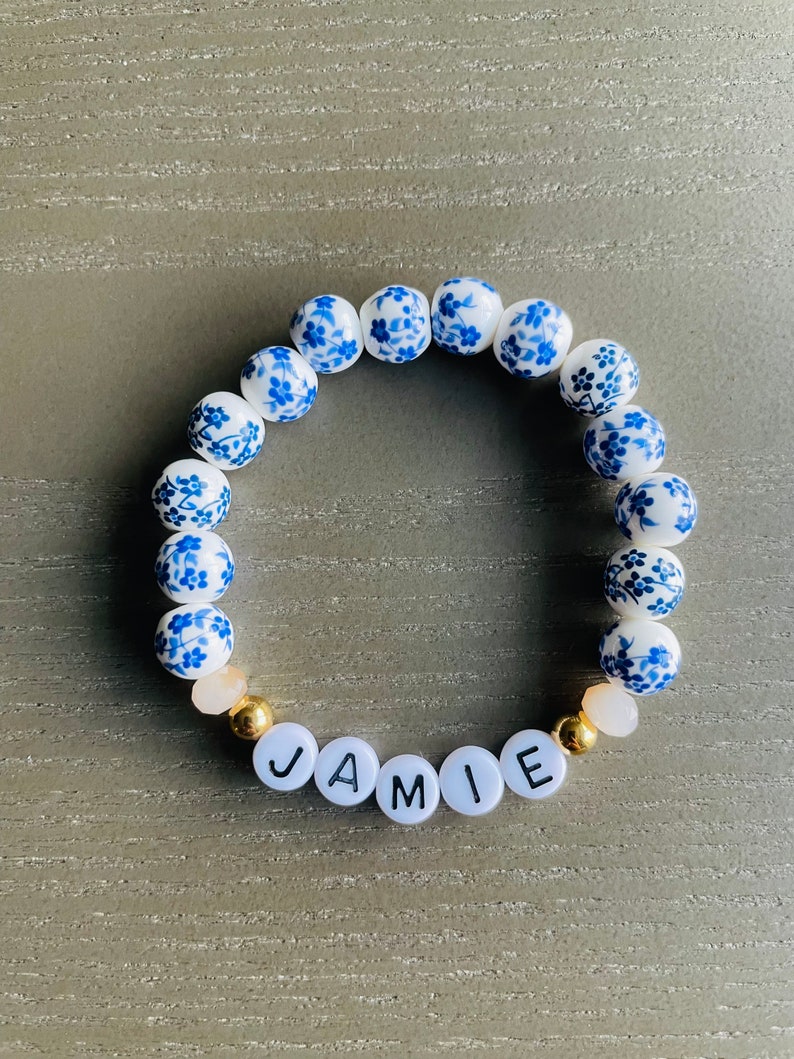 Blue Floral Beaded Bracelet, Custom Word Beaded Bracelets