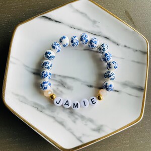 Blue Floral Beaded Bracelet, Custom Word Beaded Bracelets