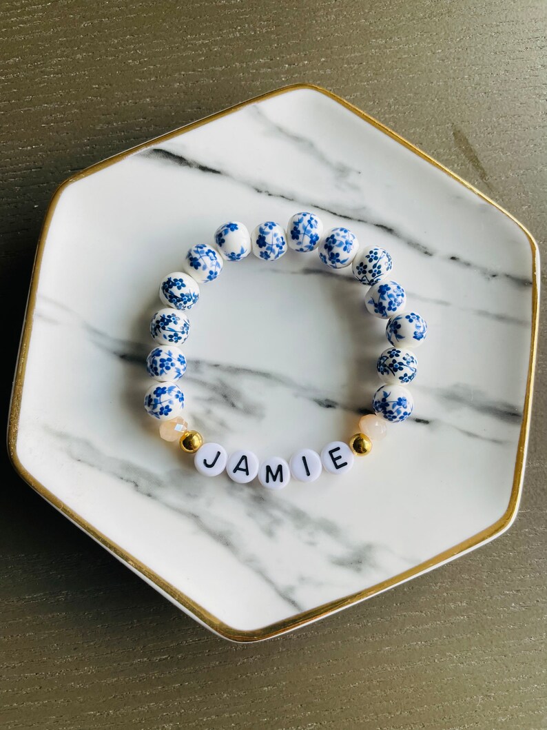 Blue Floral Beaded Bracelet, Custom Word Beaded Bracelets