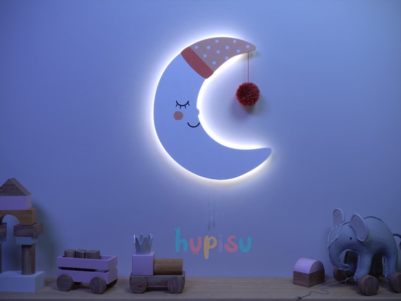 Cute MOON WALL LIGHT Wooden Moon Night Lights for Kids Soft Light for