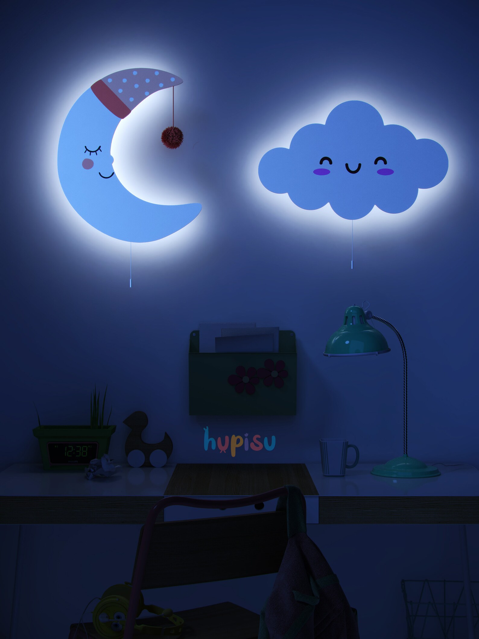 Nursery Wall Light Set of 2 Cute Cloud and Moon Wooden Etsy