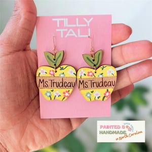 Personalized Yellow Apple Teacher Earrings  Back to School Name Earrings Floral Teacher Jewelry Teacher Gift Appreciation School