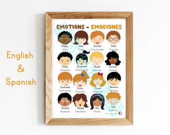 Emotions-Emociones, English-Spanish Printable Poster, Bilingual,  Classroom and Home Decor, Preschool, Kindergarten, Homeschool, A4 and A3