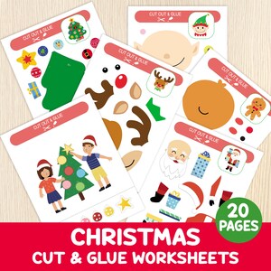 May include: A collection of Christmas-themed cut and glue worksheets. The pages feature illustrations of a Christmas tree, Santa Claus, reindeer, and other festive elements. The text reads "Christmas Cut & Glue Worksheets" and "20 Pages".