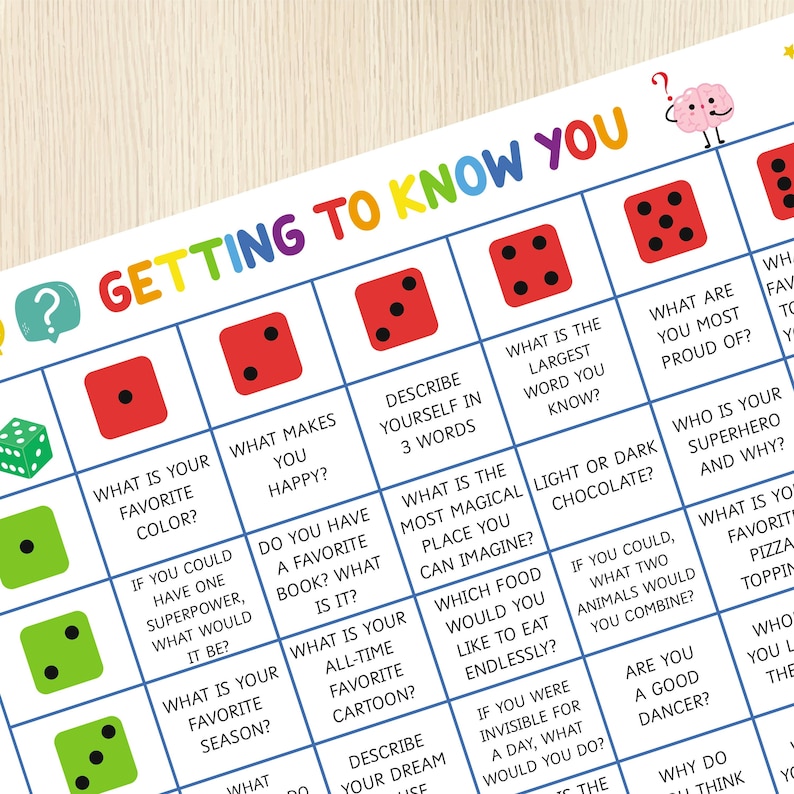 Icebreaker-spel voor kinderen, vragen dobbelsteenbreker, 'roll & tell'-activiteit, kennismaken, terug naar school, gespreksstarters, feest afbeelding 3