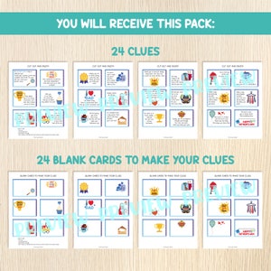 Puede incluir: Un juego de b&uacute;squeda del tesoro imprimible para el D&iacute;a del Padre con 24 pistas y 24 tarjetas en blanco para crear tus propias pistas. Las tarjetas presentan ilustraciones azules y blancas de un trofeo, una corbata, una caja de herramientas, una magdalena, un bigote, una parrilla, una lupa, una corona, un coraz&oacute;n con la palabra "Pap&aacute;", un globo y una percha con el texto "&iexcl;Feliz D&iacute;a del Padre!"
