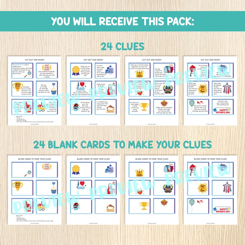 Puede incluir: Un juego de b&uacute;squeda del tesoro imprimible para el D&iacute;a del Padre con 24 pistas y 24 tarjetas en blanco para crear tus propias pistas. Las tarjetas presentan ilustraciones azules y blancas de un trofeo, una corbata, una caja de herramientas, una magdalena, un bigote, una parrilla, una lupa, una corona, un coraz&oacute;n con la palabra "Pap&aacute;", un globo y una percha con el texto "&iexcl;Feliz D&iacute;a del Padre!"