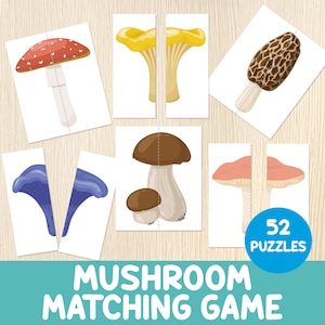 May include: A mushroom matching game with 52 puzzles. The image shows various colorful mushroom illustrations, each split into two pieces. The game's title, "MUSHROOM MATCHING GAME," is displayed at the bottom. The mushrooms include red, yellow, brown, and blue varieties.