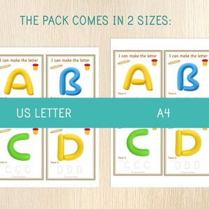 May include: Educational activity sheets for children featuring letters A, B, C, and D formed from colorful modeling clay. The sheets include the text 'I can make the letter', 'Trace it', and icons of a rolling pin and clay tub. Available in US Letter and A4 sizes.
