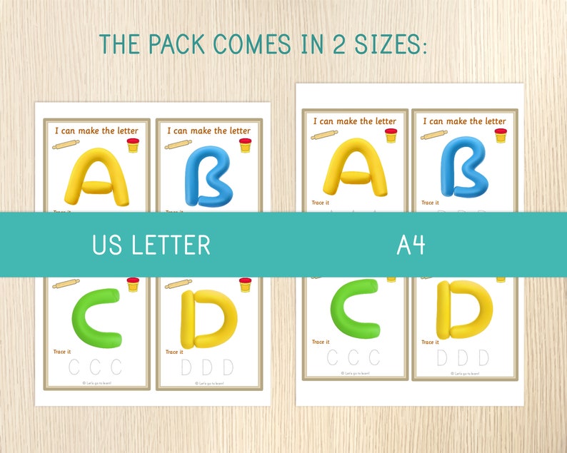 May include: Educational activity sheets for children featuring letters A, B, C, and D formed from colorful modeling clay. The sheets include the text 'I can make the letter', 'Trace it', and icons of a rolling pin and clay tub. Available in US Letter and A4 sizes.
