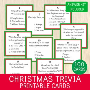 Trivia-spel kerst, 100 vragenkaarten, kerstfeestspellen, afdrukbare trivia-kaarten, spellen feestviering, familiespel