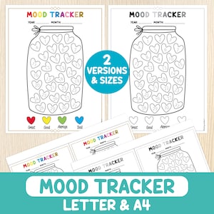 May include: Two printable mood tracker templates featuring a jar with hearts to colour in. The templates are labelled "Mood Tracker" and have space for the year and month. The templates are available in letter and A4 sizes.