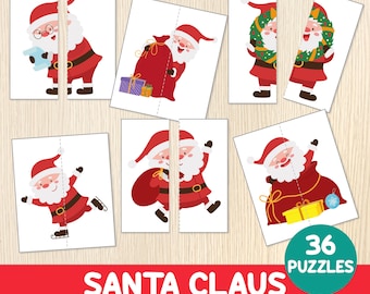 Juego de emparejamiento de Papá Noel - Rompecabezas navideños - Actividad navideña - Centros preescolares y de jardín de infantes - Habilidades de emparejamiento - Imprimible educativo