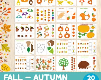 Fall Cut & Glue Worksheets - Autumn Printable Activities - Scissor Skills Practice - Fall Crafts - Preschool, Kindergarten - Cut and Paste