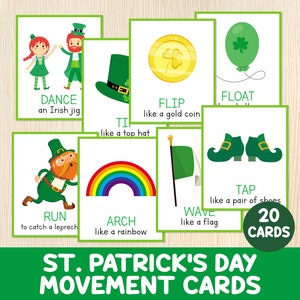 Cartes de mouvements pour la Saint-Patrick, 20 cartes, motricité globale, casse-tête pour les enfants d'âge préscolaire et maternelle, cartes d'action, heure du cercle, imprimable