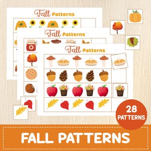 May include: Educational activity sheets titled Fall Patterns featuring sequences of autumn-themed illustrations including pumpkins, trees, mushrooms, pies, acorns, pinecones, apples, and leaves, with a red circle indicating 28 patterns.