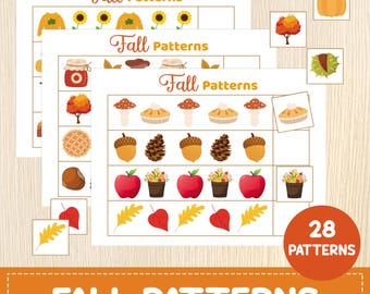 Fall Patterns Printable — 28 Autumn Pattern Activities — Preschool & Kindergarten Matching Game — Fall Learning Worksheets