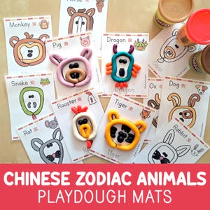 Tapis en pâte à modeler animaux du zodiaque chinois - 12 cartes visuelles - Activité du nouvel an lunaire - Écoles maternelles et maternelles - Motricité fine