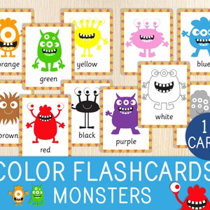 Color Flashcards, Monsters, Colors for Toddlers, Learning Cards for Preschool, Montessori, Homeschool, Monster Birthday  Party Favor