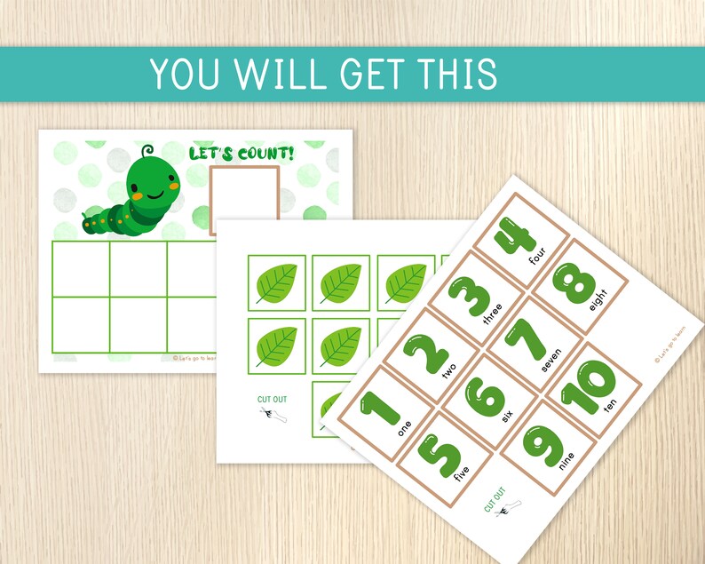 May include: A printable set of educational materials for kids to learn counting. The set includes a worksheet with a green caterpillar, a grid, and the words "Let's Count!" and a set of cards with numbers 1-10 and the corresponding words.