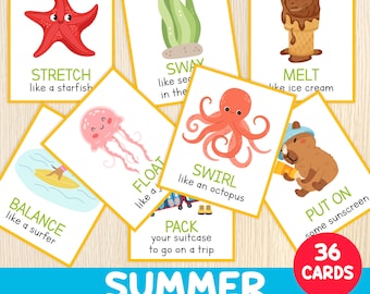Summer Movement Cards Game - Summer Activity - Gross Motor Skills - Summer Brain Breaks - Preschool & Kindergarten Indoor and Outdoor Game