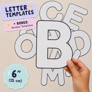 May include: A set of white letter and number templates with black outlines, each measuring 6 inches in height. The templates are displayed with labels reading Letter Templates, Bonus: Number Templates, and a 6 inch (15 cm) size indicator.