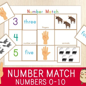 Pode incluir: Um jogo de correspondência de números imprimível colorido para crianças. O jogo apresenta números, palavras numéricas, dedos e animais. O jogo é intitulado "Number Match Numbers 0-10".