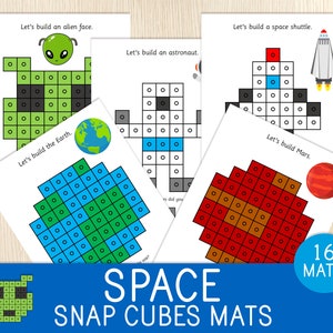 Tapis cubes emboîtables dans l'espace, cartes à tâches pour cubes de liaison, préscolaire, maternelle, centres de mathématiques, étude de l'unité de l'univers, jeu éducatif, imprimable
