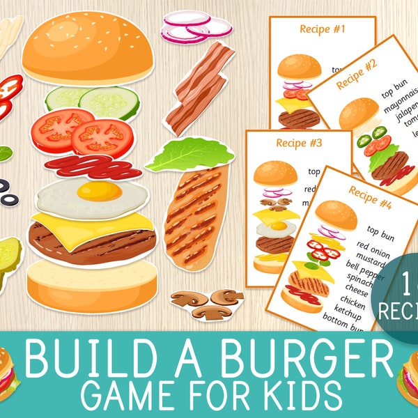 Build a Burger Game, Pretend Play, Toddler, Preschool, Learning Activity, Busy Bag Idea, Quiet Time, Scissor Skills, Patterns, Low Prep