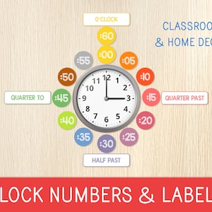 Clock Numbers and Labels, Analog Wall Clock, Classroom and Home Decor, Preschool, Kindergarten, Elementary School, Telling Time, Printable