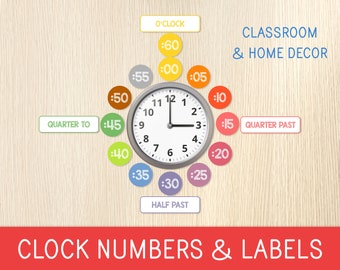 Clock Numbers and Labels, Analog Wall Clock, Classroom and Home Decor, Preschool, Kindergarten, Elementary School, Telling Time, Printable
