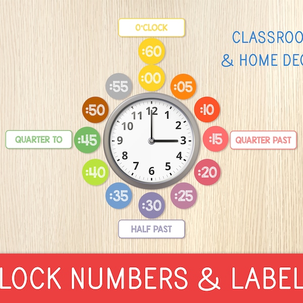 Clock Numbers and Labels, Analog Wall Clock, Classroom and Home Decor, Preschool, Kindergarten, Elementary School, Telling Time, Printable