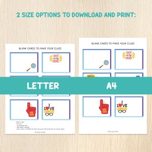 Puede incluir: Cartas de juego imprimibles para el D&iacute;a del Padre con espacios en blanco para escribir pistas. Las cartas presentan ilustraciones de una lupa, un dedo de espuma de n&uacute;mero uno pap&aacute; y un par de gafas con el texto "Te amo pap&aacute;". Los textos "Carta" y "A4" est&aacute;n impresos en las cartas para indicar los dos tama&ntilde;os disponibles.