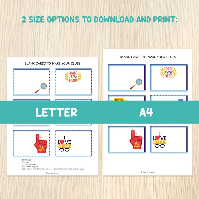 Puede incluir: Cartas de juego imprimibles para el D&iacute;a del Padre con espacios en blanco para escribir pistas. Las cartas presentan ilustraciones de una lupa, un dedo de espuma de n&uacute;mero uno pap&aacute; y un par de gafas con el texto "Te amo pap&aacute;". Los textos "Carta" y "A4" est&aacute;n impresos en las cartas para indicar los dos tama&ntilde;os disponibles.