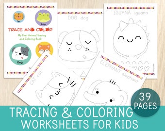 May include: A set of 39 printable tracing and coloring worksheets for kids featuring various animals, including a dog, cat, elephant, iguana, and frog. The worksheets are designed to help children develop their fine motor skills and hand-eye coordination.