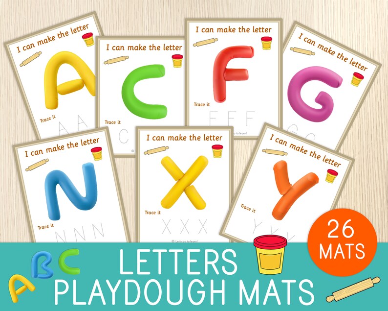 May include: A set of 26 educational playdough mats featuring the text I can make the letter and Trace it, with colorful clay letters A, C, F, G, N, X, and Y displayed on individual cards alongside illustrations of a rolling pin and a tub of dough.