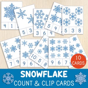 Kaarten voor tellen en knippen van sneeuwvlokken - cijfers 1-10 - peuter - voorschoolse activiteit - winterthema - kaarten tellen - montessorikaarten - flashcards
