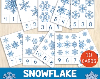 Snowflake Count & Clip Cards - Numbers 1-10 - Toddler - Preschool Activity - Winter Themed - Counting Cards - Montessori Cards - Flashcards