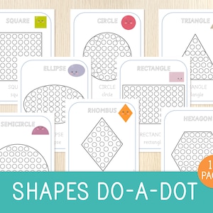 Feuilles d'exercices Shapes à faire des points, Peinture par points de formes 2D, Tout-petit, École maternelle, Jardin d'enfants, Motricité fine, Cartable d'apprentissage, Pages de livre occupées