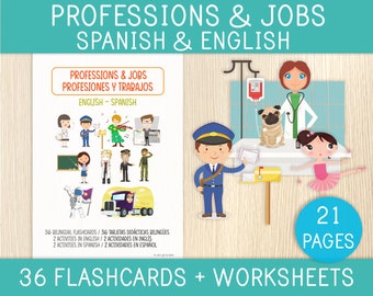 Profesiones y trabajos, inglés - español, tarjetas didácticas, hojas de trabajo, bilingüe, vocabulario en español, aula de español, educación en el hogar, páginas de libros ocupados