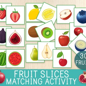 Attività di abbinamento di fette di frutta, frutta all'esterno e all'interno, stile Montessori, per bambini piccoli, gioco prescolare, studio dell'unità di frutta, raccoglitore didattico, borse multiuso
