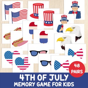 Jeu de mémoire du 4 juillet - activité pour le jour de l'indépendance - cartes patriotiques imprimables, préscolaire, maternelle, école à la maison, jeu d'association